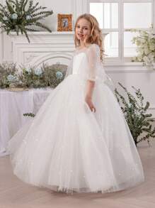 Tween Girl White Handmade Beaded Bow Tulle Elegant Christmas Party Dress, Princess Dress Suitable For Girls Birthday Party, Teenage Prom Party Dress, Flower Girl Wedding Bridesmaid Gown, Thanksgiving, Graduation Outfit