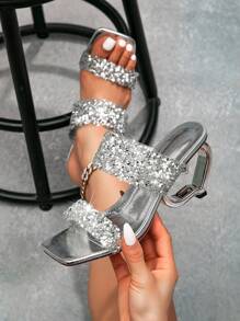 Women's Square Toe Fashionable Sexy Shiny Silver High Heels, Elegant Quality Heart Shaped Heel Open Toe Simple Formal Dress Shoes For Party, Date