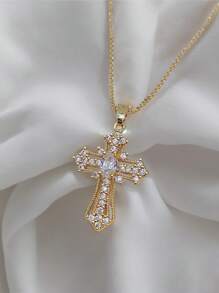 1pc Luxury Creative Crystal Cross Pendant Necklace, Suitable For Women's Daily, Festival And Party Wear