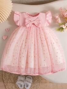 Vestido de princesa de punto rojo para bebés niñas con cuello redondo y volantes de malla, decoración con lazo lindo, para verano, fiesta de cumpleaños