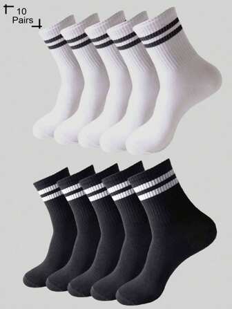 10 paires de chaussettes mi-mollet respirantes, décontractées, rayées et unies, pour hommes, multicolores