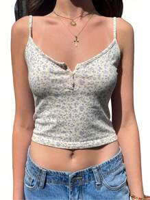 Women's Summer Slim Tank Tops Sleeveless Backless Button Up Floral Camisole Tops - Blue - View 1