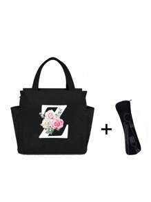 White Letters A~Z Printed With Flowers Lunch Bag For Women Men,With A Black Cutlery Storage Bag, Leakproof Insulated Soft Large Lunch Cooler Bag - Reusable Lunch Bag ,Solid Color Tableware Storage , Leak-Proof Portable Fabric Tableware Bag