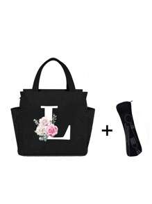 White Letters A~Z Printed With Flowers Lunch Bag For Women Men,With A Black Cutlery Storage Bag, Leakproof Insulated Soft Large Lunch Cooler Bag - Reusable Lunch Bag ,Solid Color Tableware Storage , Leak-Proof Portable Fabric Tableware Bag