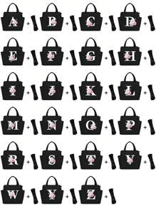 White Letters A~Z Printed With Flowers Lunch Bag For Women Men,With A Black Cutlery Storage Bag, Leakproof Insulated Soft Large Lunch Cooler Bag - Reusable Lunch Bag ,Solid Color Tableware Storage , Leak-Proof Portable Fabric Tableware Bag