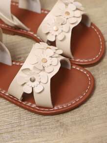 1 Pair Plus Size Toddler Girls Ivory White Flat Sandals, Solid PU Material, Shiny Rhinestone Flower Decor, Elastic Back Strap, Round Toe, Fashion Luxury Cute Flat Sandals Suitable For 3-15 Years Old Girls Daily, Party, Travel, Spring/Summer 2025