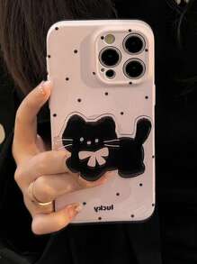 1 件 GUCADI 苹果手机壳，粉色底座小波尔卡圆点和粉色蝴蝶结黑猫支架保护套，兼容 16/15/14/13/12/11 系列防水防震防摔防刮