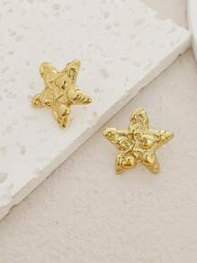 Women's Golden Star Design Stud Earrings, Stainless Steel Summer Starfish Geometric Textured Fashion Jewelry