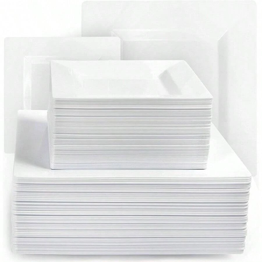 White Square Disposable Plates - Heavy Duty Plastic Party Plates For Christmas, Thanksgiving - SQUARE - View 1