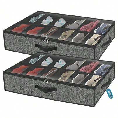2 pieza Organizador plegable de 12 rejillas para almacenamiento de zapatos debajo de la cama, 12 compartimentos a prueba de polvo de tela no tejida apilable, estructura resistente y ahorradora de espacio con cartón de 2 mm de grosor, adecuado para tacones altos y zapatillas de gimnasio, 74.5 cm