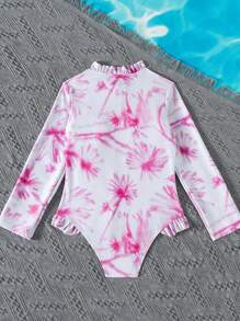 New Vacation Beach Style Tween Girl Ruffled Collar Long Sleeve One-Piece Swimsuit, Summer - Baby Pink - View 2