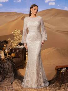 Faeriesty Haute Glamour Elegant Luxurious Sequined Mermaid Gown With Long Sleeves - Sparkling Crystal-Beaded Accents For Red Carpet Events, Celebrity Weddings, Gala Dinners, And Editorial-Ready Fashion Showouts