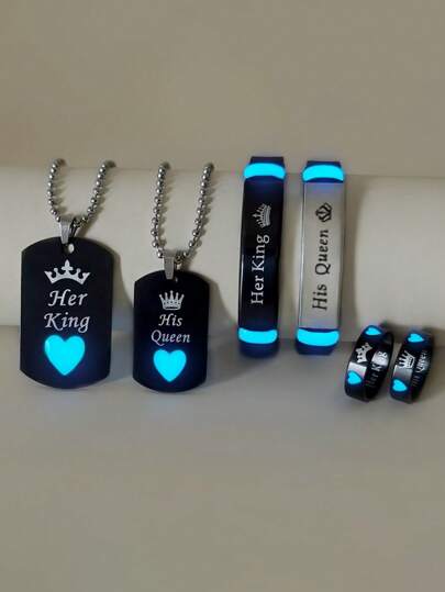 ATLVXJL 6 件套夜光心形我会永远爱你皇冠情侣款不锈钢项链、手链、戒指套装、时尚珠宝、情侣承诺礼物、日常佩戴