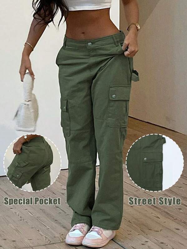 Pantalones casuales rectos de mujer con bolsillo cargo de unicolor y sueltos