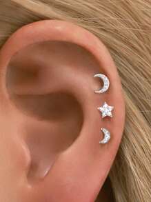 1件925纯银迷你星月内螺纹唇钉 | 生日石耳骨耳环 | 低过敏性黄金耳骨钉 | 扁平唇环 | 适合女性日常佩戴（单只出售）