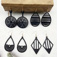 4 对波西米亚风格镂空木吊坠耳环，适合女士日常佩戴 - 黑色 - 查看 3