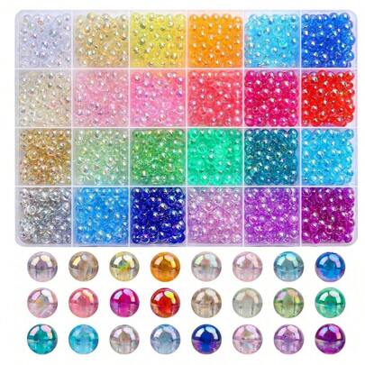 1 pièce 6 mm (200 pièces/1200 pièces) 8 mm (100 pièces/480 pièces) Perles rondes acryliques transparentes AB, 24 couleurs aléatoires assorties de perles à bulles en plastique avec trou en vrac pour bracelets, colliers, création de bijoux et artisanat DIY