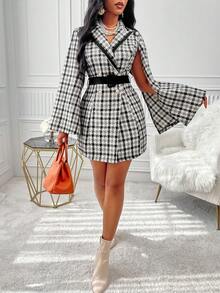 Pointed Collar Open Slit Sleeve Thick Tweed Jacket - Black and White - View 3