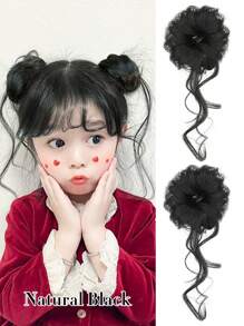 2PCS Kid's Hair Bun Extensions Wig Ring Synthetic Children's Wig Girl Flower Head Hair Artifact Wig Elastic Rubber Band Hair Bun Chignon Kid Children Wig Hair Accessories
