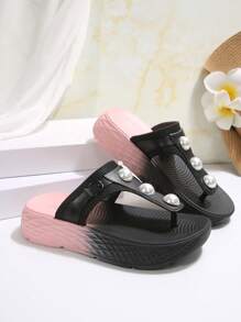 Women's Wedge Thick Sole Sport Sandals, Ombre Pearl Decor, Fashionable & Versatile, Elegant Streetwear, Black Summer Beach Shoes - Black - View 8