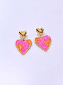 1 对精致油滴心形和花朵装饰耳钉，奢华女士耳环，适合作为送给女朋友/妻子的礼物 - 彩色 - 查看 6