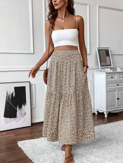 Women's Long Ditsy Floral Skirt, Casual Elastic Waist With Pockets, Ruffle Hem, A-Line Skirt For Summer Vacation Spring