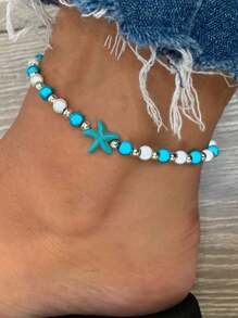 1pc Starfish Turtle Flower Beaded Anklet, Multicolor Bohemian Ocean Style Beaded Pearl Resin Foot Chain Jewelry For Women, Suitable For Beach Vacation & Everyday Wear - Multicolor - View 2
