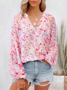 Women Spring Chiffon Boho Floral Shirt Leopard  V Neck Long Puff Sleeve Lightweight Loose Shirt Summer Casual Fashion Holiday Vacation Bohemian Beach Street Blouse Tops Outfits - 粉紅色花 - 查看 3