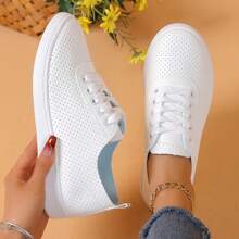 Baskets décontractées pour femmes, chaussures minimalistes respirantes et confortables à enfiler - Tout blanc - Voir 3
