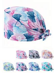 1 pieza Gorro de enfermera de alta calidad con diseño de cordón y estampado de hojas de ginkgo, con elástico en la parte posterior y gancho para la cuerda de la mascarilla a los lados, apto para médicos, enfermeras y trabajadores de hospitales, salones de belleza y veterinarias - Multicolor - Ver 1