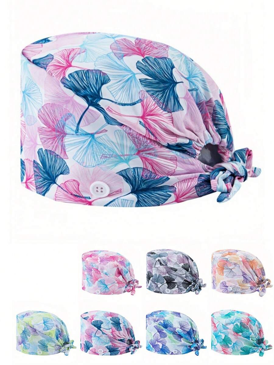 1 pieza Gorro de enfermera de alta calidad con diseño de cordón y estampado de hojas de ginkgo, con elástico en la parte posterior y gancho para la cuerda de la mascarilla a los lados, apto para médicos, enfermeras y trabajadores de hospitales, salones de belleza y veterinarias - Multicolor - Ver 1