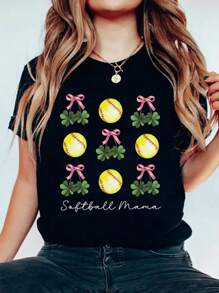 St Patricks Day Softball Coquette Bow Softball Mama Short SleeveT-Shirt Print Cotton T-Shirt For Summer, Women's Soft Short Sleeve Top, Stylish Comfy Tee For Women Graphic Tees