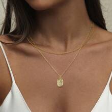 2 pièces Ensemble de colliers vintage élégants en or avec pendentif carré zirconié étincelant et rectangle - Design de chaîne perlée élégant pour un port quotidien et festif