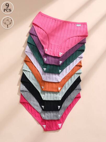 9 Pcs Women's Cotton Panties Sexy Low-Waist Solid Color Briefs Ribbed Comfortable And Breathable Sports Underwear