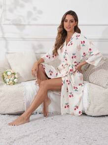 Women's Spring & Summer Robe - Belted Wrap V-Neck With Cherry Blossom Print, Lightweight & Breathable Long-Sleeve Sleepwear, Comfortable & Relaxing Home Lounge Dress - Màu be - Xem 2
