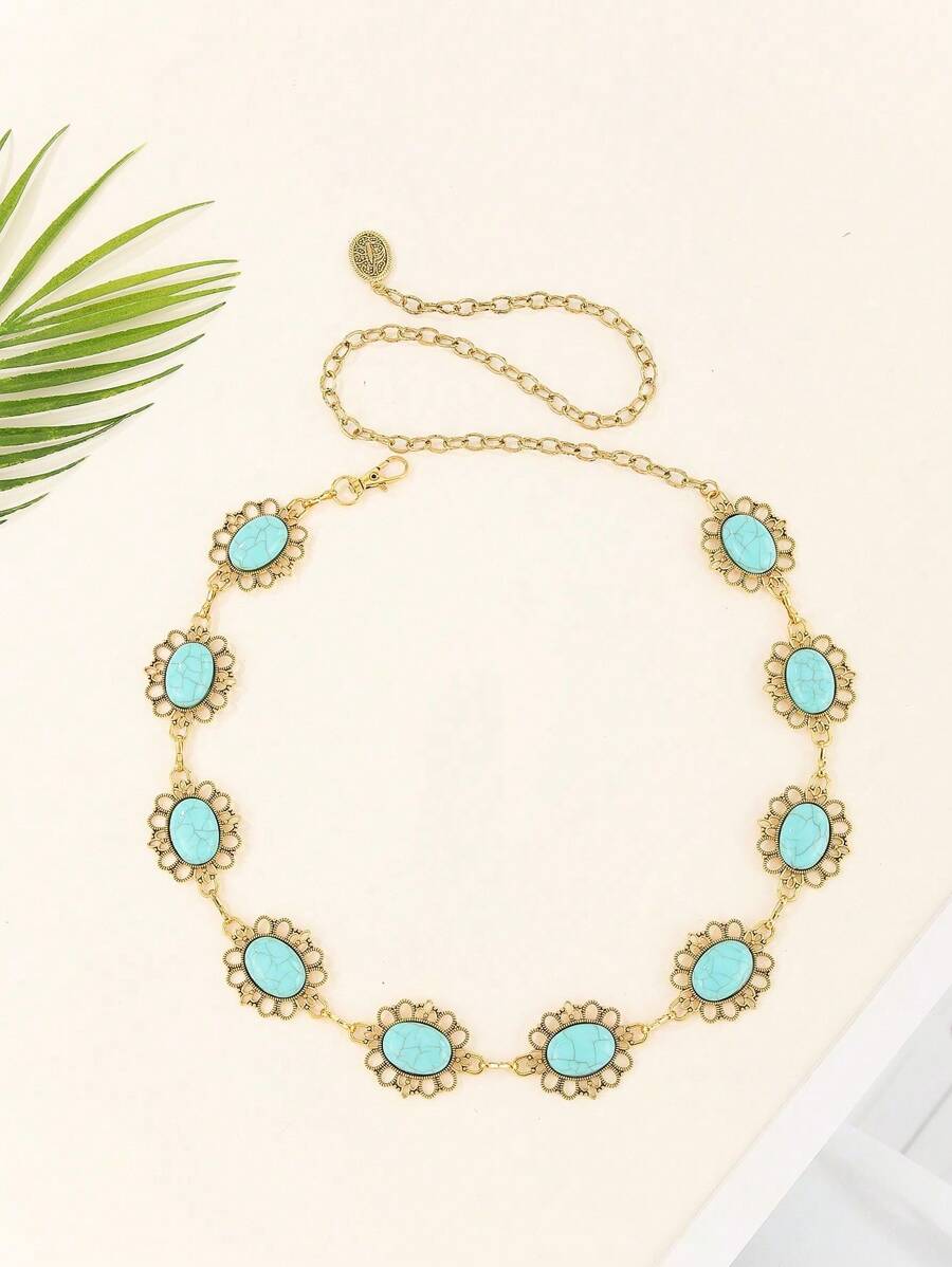 新款绿松石椭圆腰链，个性化创意花卉和风景印花流苏优雅锌合金腰链，适合所有季节 - 金色 - 查看 1