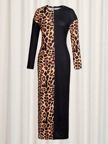 女士豹纹长袖修身性感连衣裙