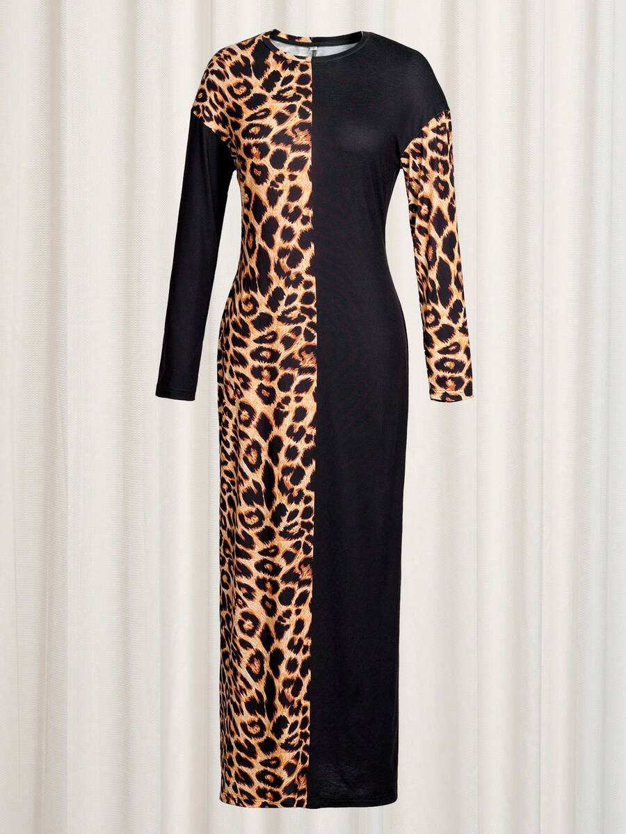 女士豹纹长袖修身性感连衣裙