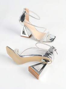 Fashionable Women High Heel Sandals With Rhinestone Straps, Backzip Closure Design Minimalist Strap Square Toe Sandals Silver Metallic Triangular Heel High Heel Sandals Chic Metallic Outdoor Summer Regular Sandals Women Silver Sandals
