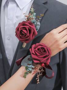 2 件玫瑰花配人造绿植胸花和腕带套装，浪漫森系风格，适合婚礼、正式活动、派对和典礼 - A - 查看 2