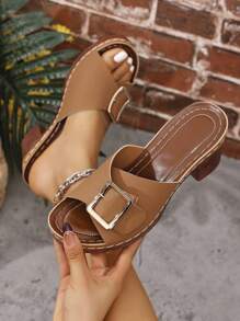 Women's Summer New Thick-Soled Chunky Heel Sandals, Fashionable Simple Wide Strap Design Comfortable Sturdy Heel Ladies' Slides, Soft Padded Sole Summer Casual/Holiday Shoes (Goes With Shorts/Skirts)