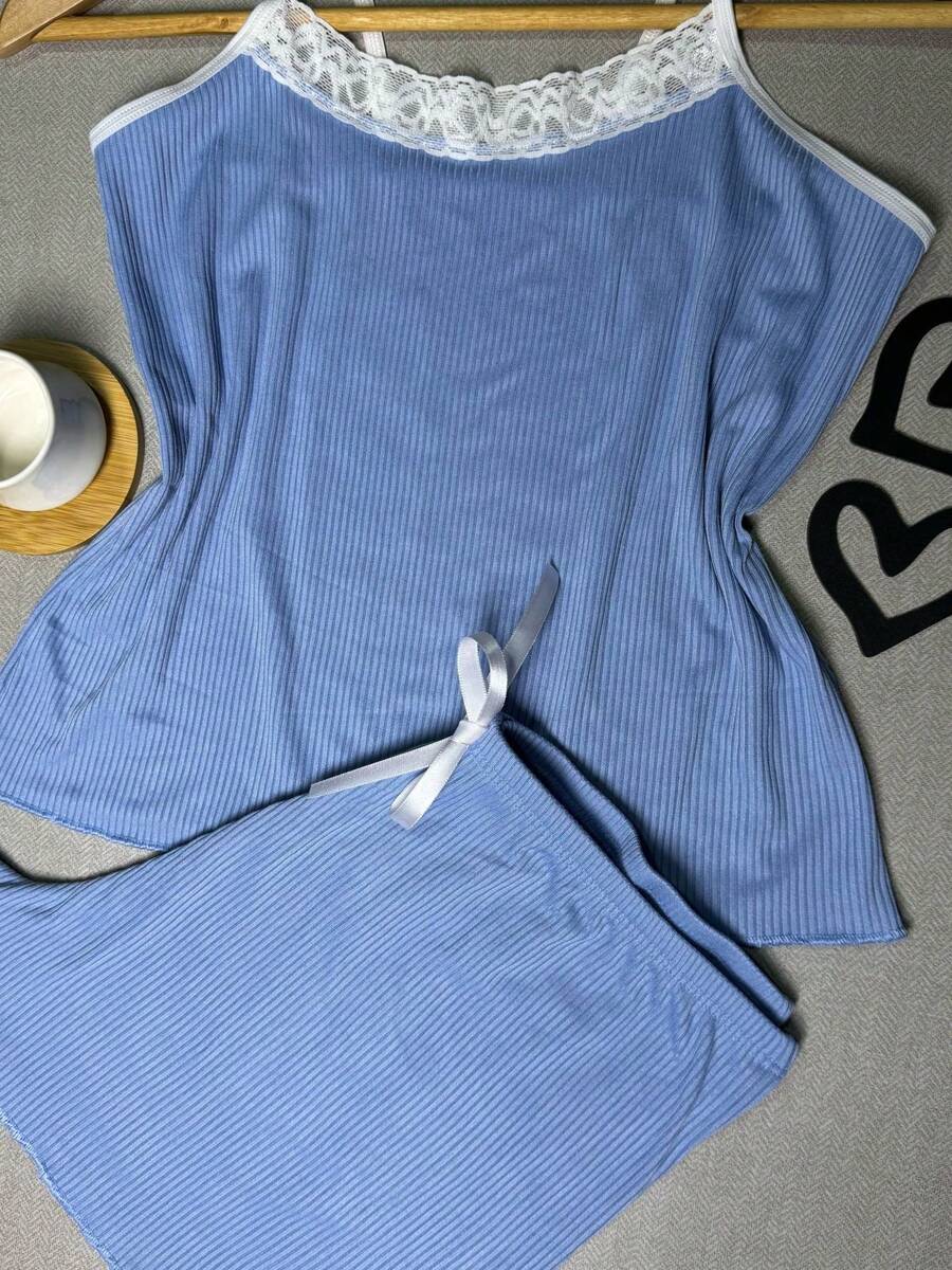 BabyDoll Shorts And Blouse Lace Ribbed Women's Comfortable Suede Summer Pajamas - 淺藍色 - 查看 1