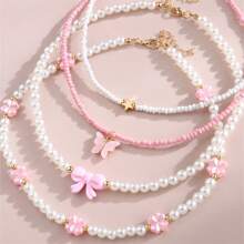 4pcs/Set Handmade Pink Heart & Butterfly Pearl Bead Necklace, Suitable For Children Girls Everyday Wear