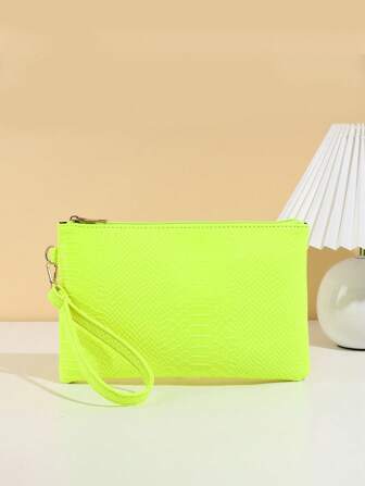 1 pieza Cartera de embrague con estampado de piel de serpiente amarillo neón para mujer para teléfono y monedas