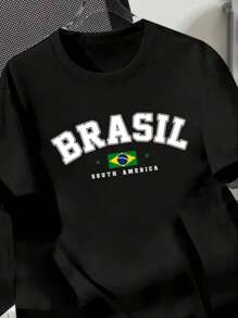 Men's And Women's Printed Shirt, Brazil Logo, 100% Cotton, Summer Fashion. - 黑色 - 查看 2