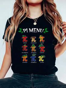 Pi Menu Pi Day 2025 3.14 Print Cotton T-Shirt For Summer, Women's Soft Short Sleeve Top, Stylish Comfy Tee For Women Graphic Tees - màu đen - Xem 1