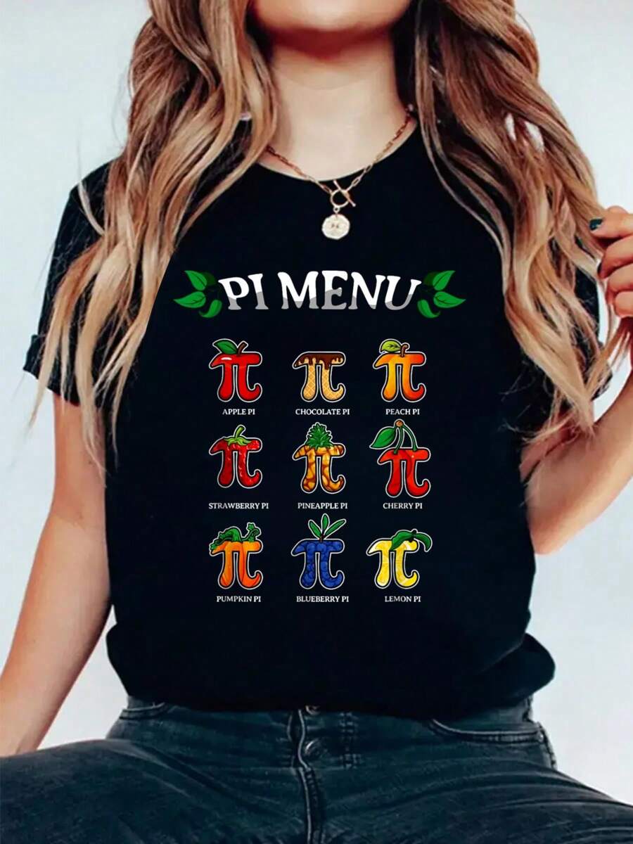 Pi Menu Pi Day 2025 3.14 Print Cotton T-Shirt For Summer, Women's Soft Short Sleeve Top, Stylish Comfy Tee For Women Graphic Tees - màu đen - Xem 1