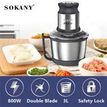 SOKANY SOKANY 7027 Broyeur à viande électrique multifonction ménager. Grande capacité de 3 L, lame à double couche à 4 lames, engrenages double vitesse rapide et lente. Haute puissance de 800 watts, en acier inoxydable, convient pour les maisons et les restaurants. Mélangeurs alimentaires, broyeurs à viande, broyeurs à ail, râpes à légumes, râpes à oignon en purée, pour le gingembre, le piment, les fruits, la viande