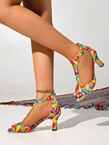 女式加大码花卉印花露趾粗跟凉鞋，时尚性感 T 型带交叉绑带厚底高跟鞋夏季几何优雅条纹 - 花色 - 查看 5