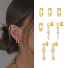 8 pièces/set - Boucles d'oreilles longues et boucles d'oreille femme géométriques ornées de diamants, simples et , ensemble de boucles d'oreille et de boucles d'oreille de luxe léger pour femme, très adapté pour un port quotidien casual